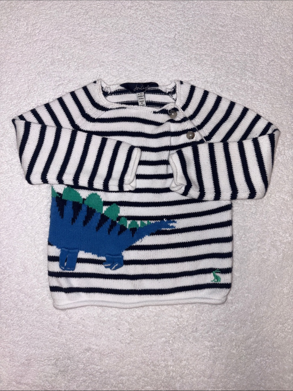 Joules Navy & White Striped Sweater with Blue Dinosaur 6/9m